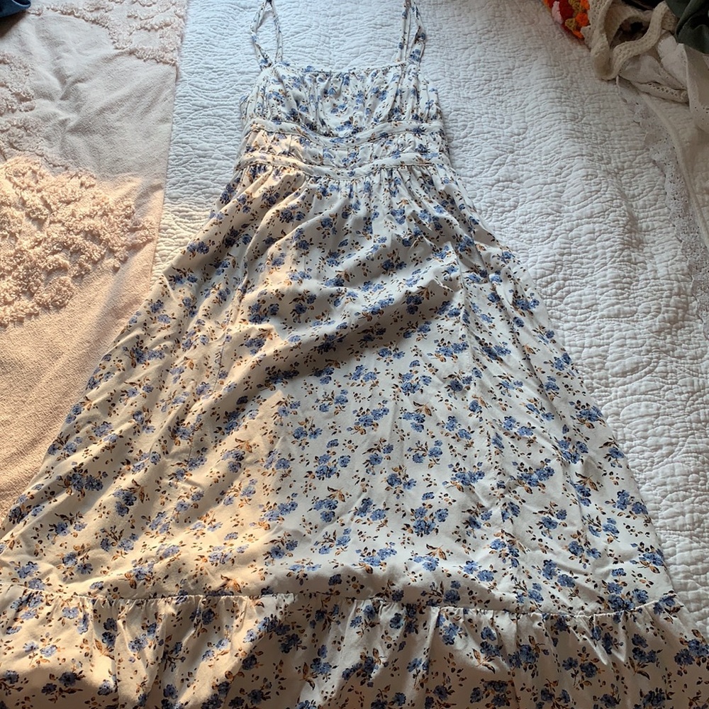 Floral White Blue Midi Dress BoHo Hippie